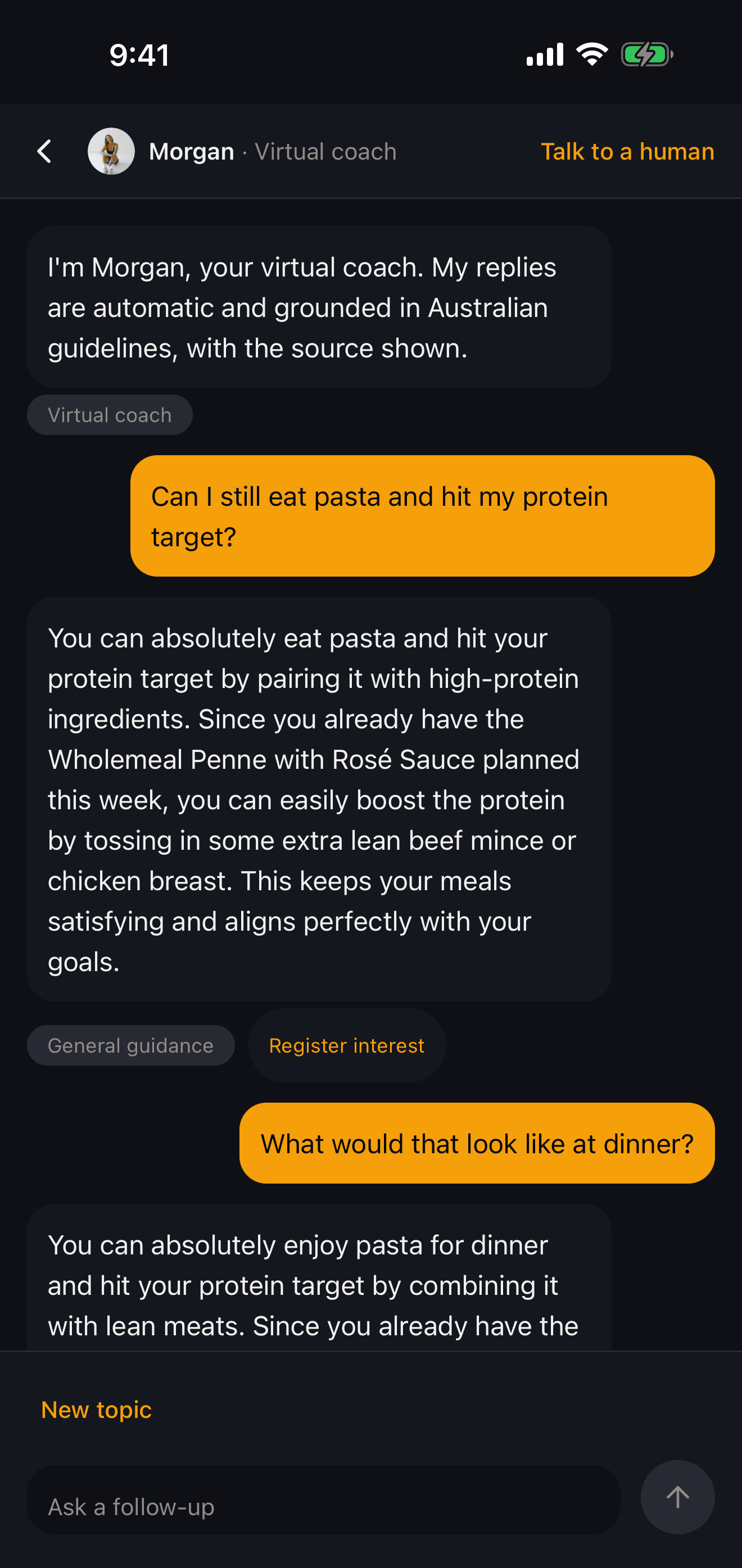 A coaching conversation in Platify about hitting a protein target with pasta.