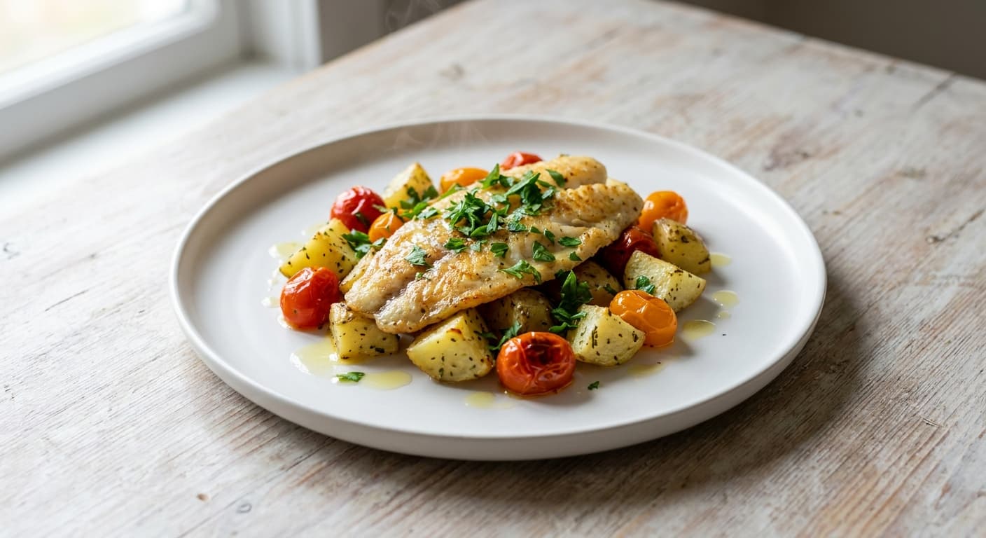 Baked Basa with Potatoes and Cherry Tomatoes
