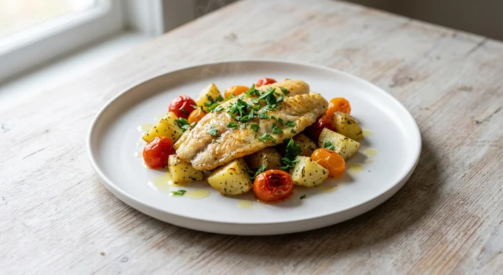 Baked Basa with Potatoes and Cherry Tomatoes