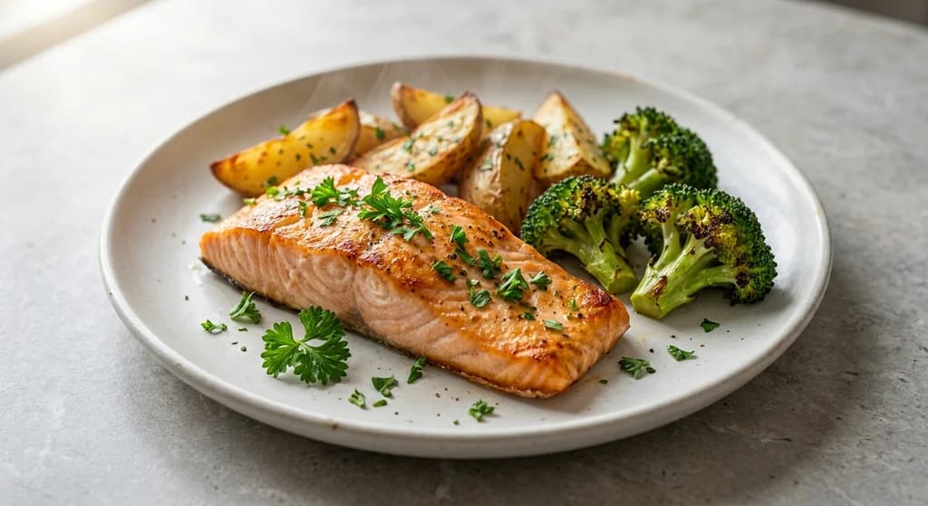 Baked Salmon with Potatoes and Broccoli