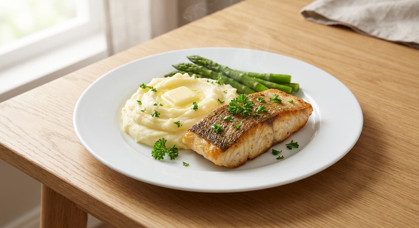 Barramundi with Creamy Mashed Potatoes and Asparagus