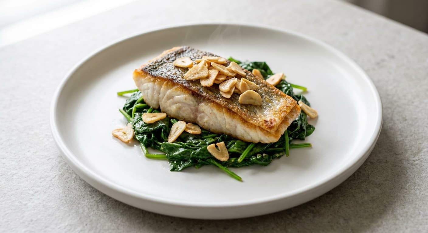 Barramundi with Garlic Spinach