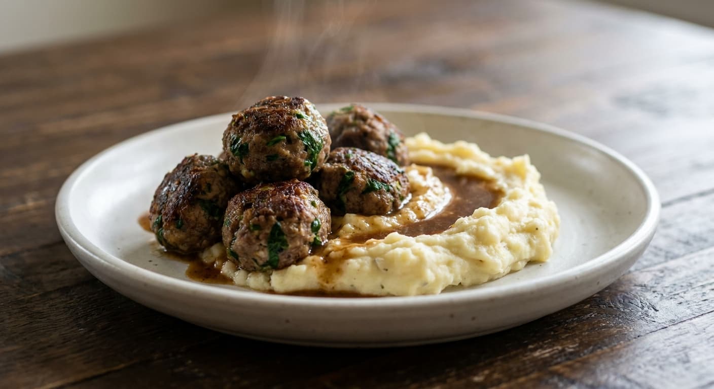 Beef and Spinach Meatballs with Garlic Mashed Potatoes