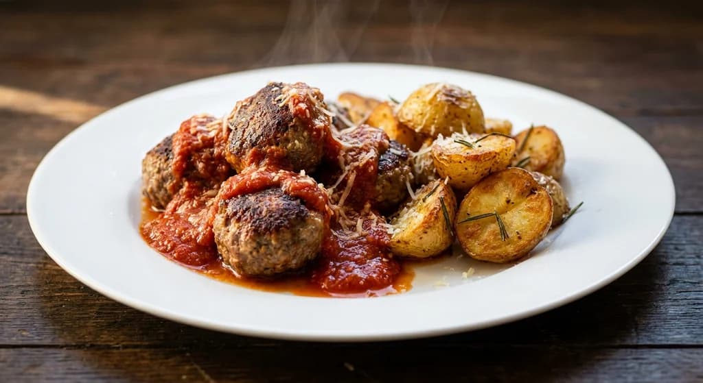 Beef Meatballs with Tomato Sauce and Herb Potatoes