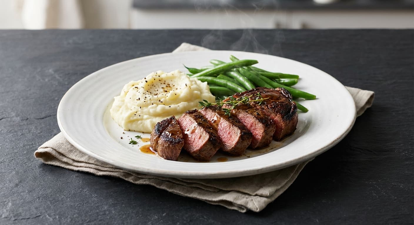 Beef Steak with Potato Mash and Green Beans