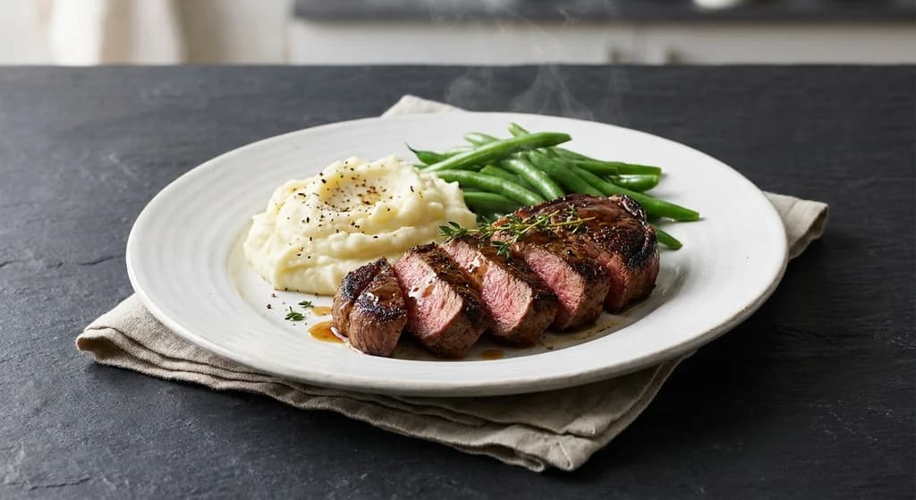 Beef Steak with Potato Mash and Green Beans