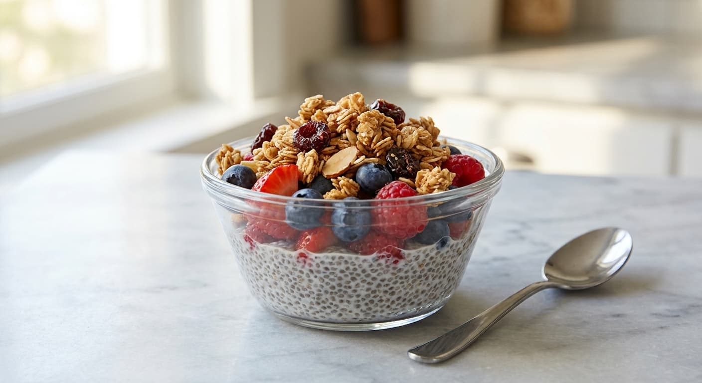 Berry Chia Pudding with Low Sugar Granola