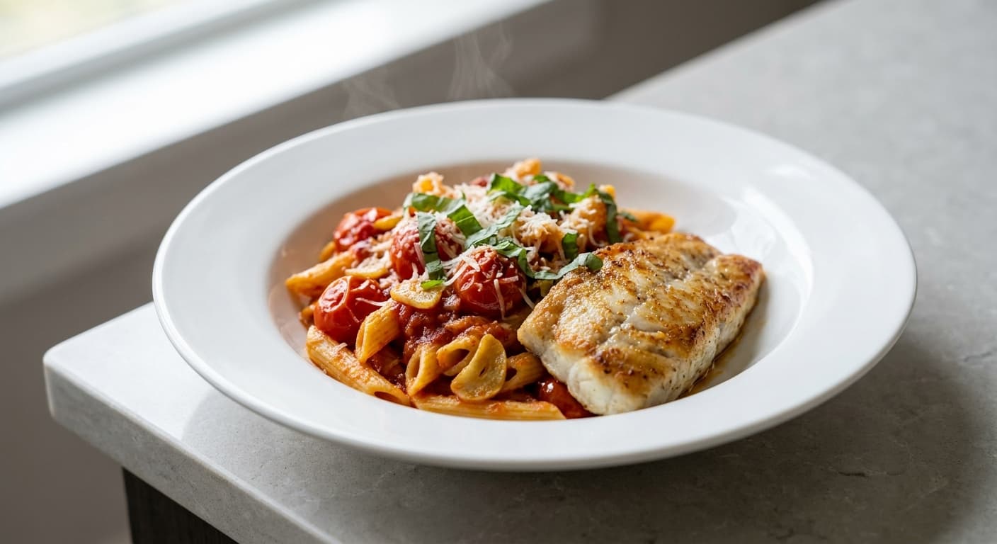 Blue Grenadier with Garlic Tomato Penne