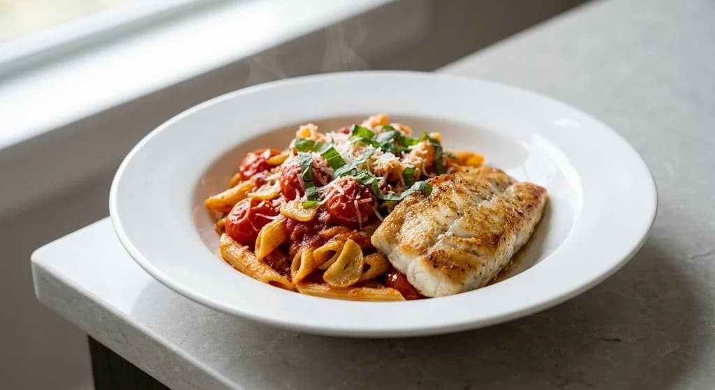 Blue Grenadier with Garlic Tomato Penne