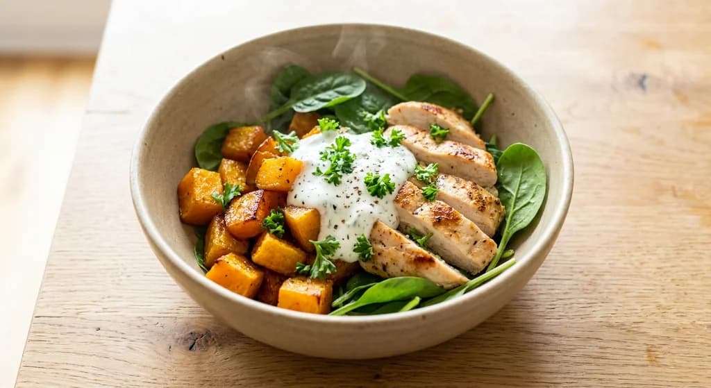 Chicken and Roasted Pumpkin Bowl with Herb Yogurt Sauce