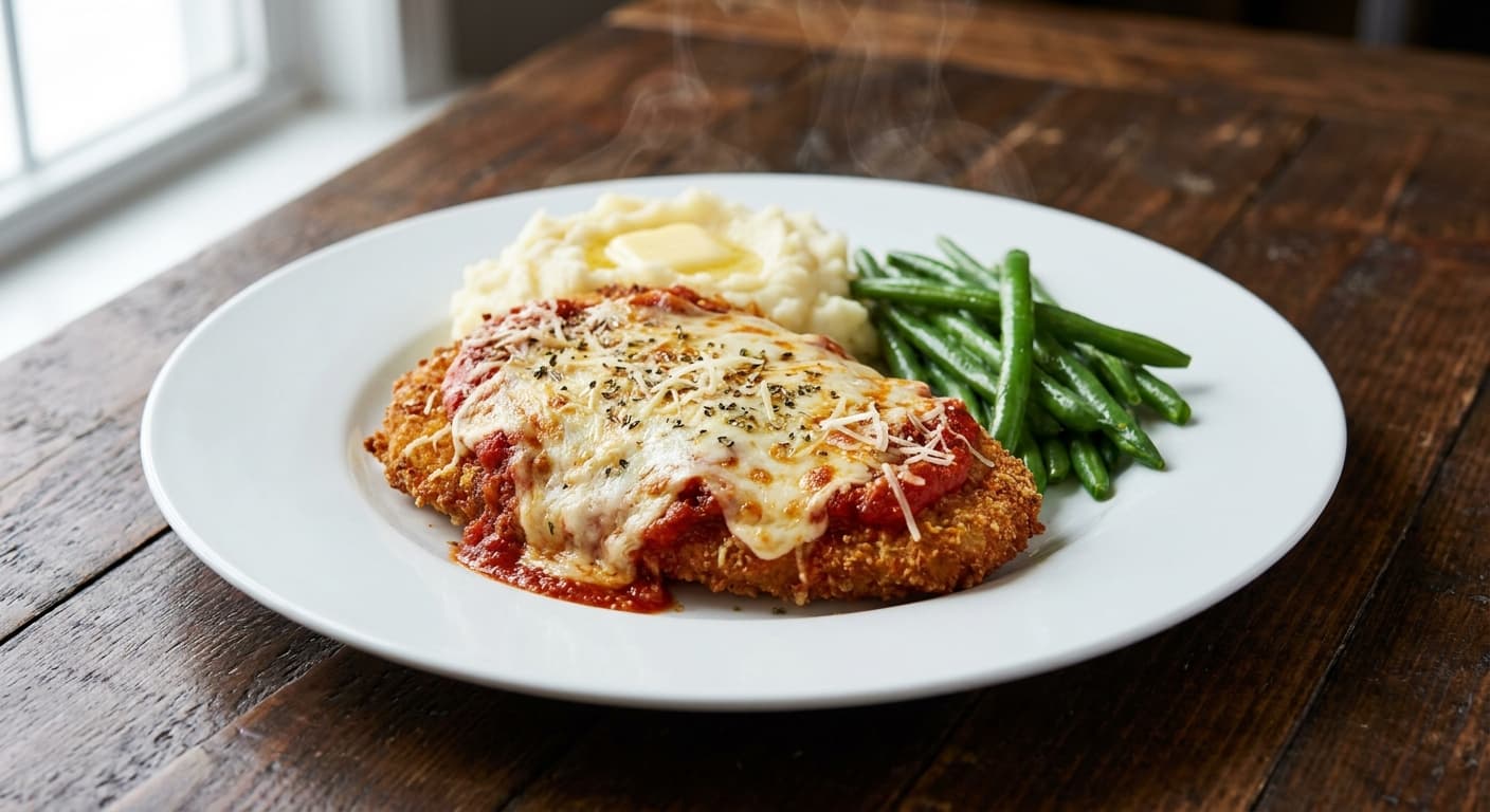 Chicken Parmesan with Mashed Potatoes and Green Beans