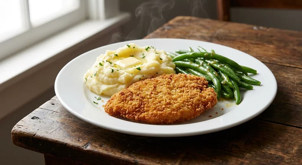 Chicken Schnitzel with Mashed Potatoes and Green Beans
