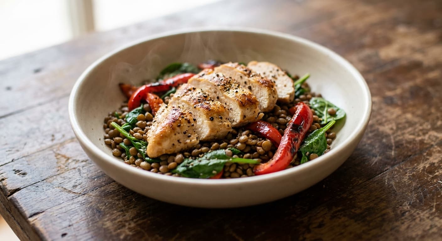 Chicken with Lentils and Roasted Red Capsicum
