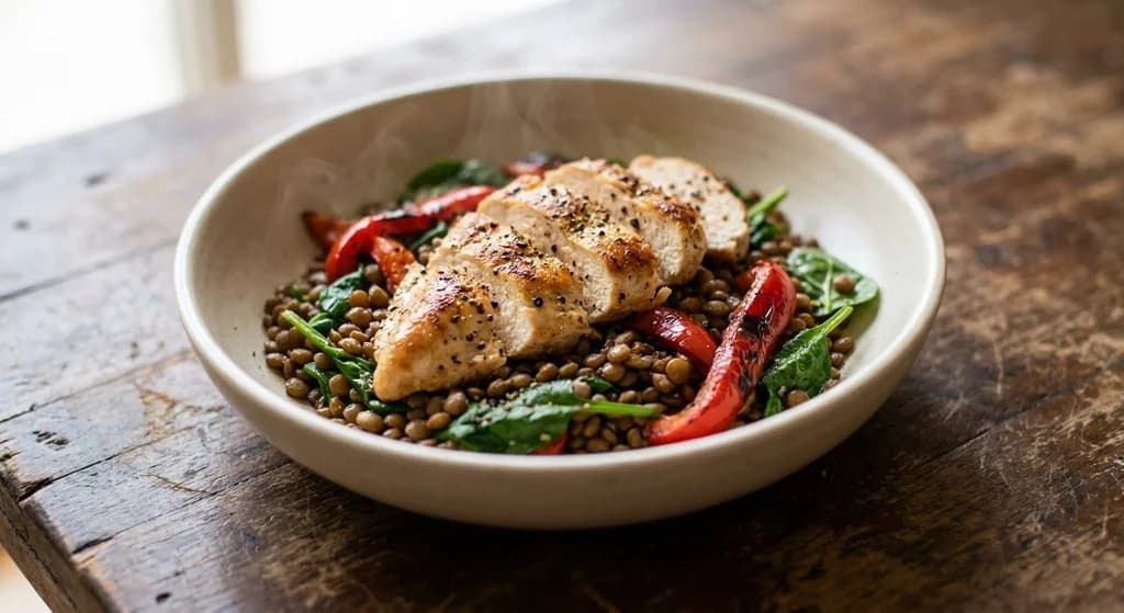 Chicken with Lentils and Roasted Red Capsicum