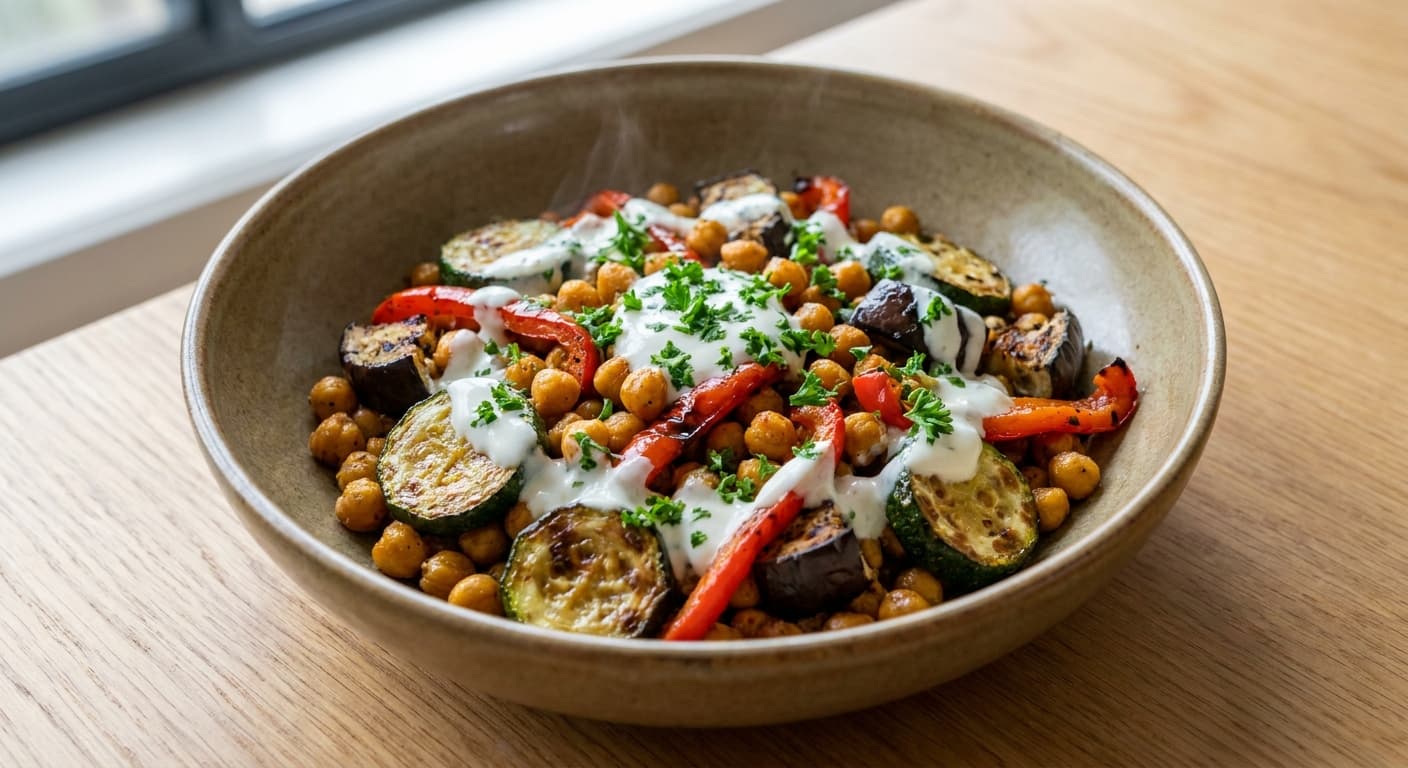 Chickpea and Roasted Vegetable Bowl with Yogurt Sauce