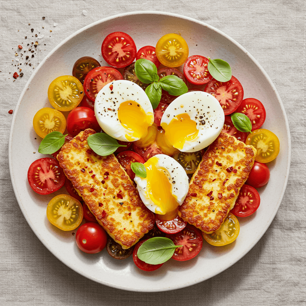Chilli Haloumi and Tomato Salad with Poached Eggs