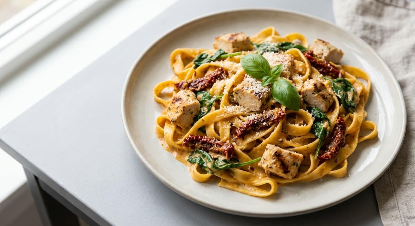 Creamy Chicken Pasta with dried tomato and Spinach