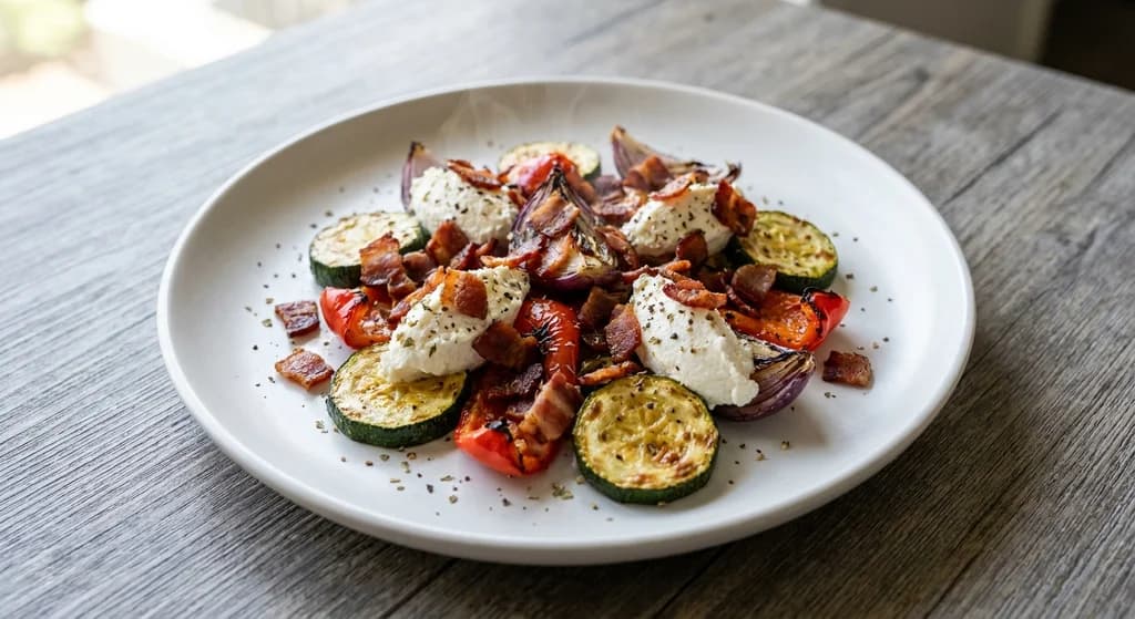 Crispy Bacon with Roasted Vegetables and Ricotta