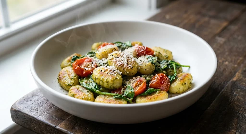 Crispy Gnocchi with Pesto, Cherry Tomatoes and Spinach