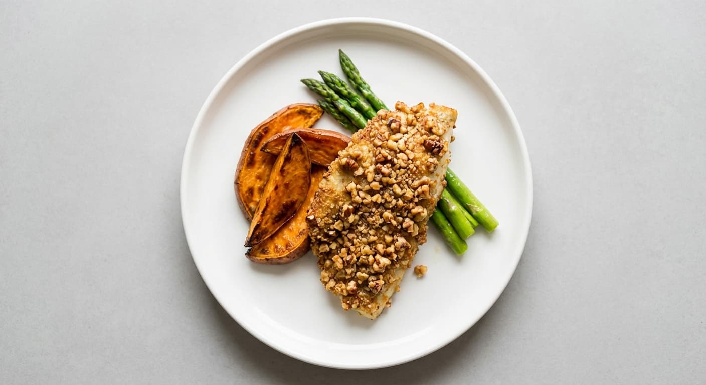 Crispy Walnut Barramundi & Sweet Potato Wedges