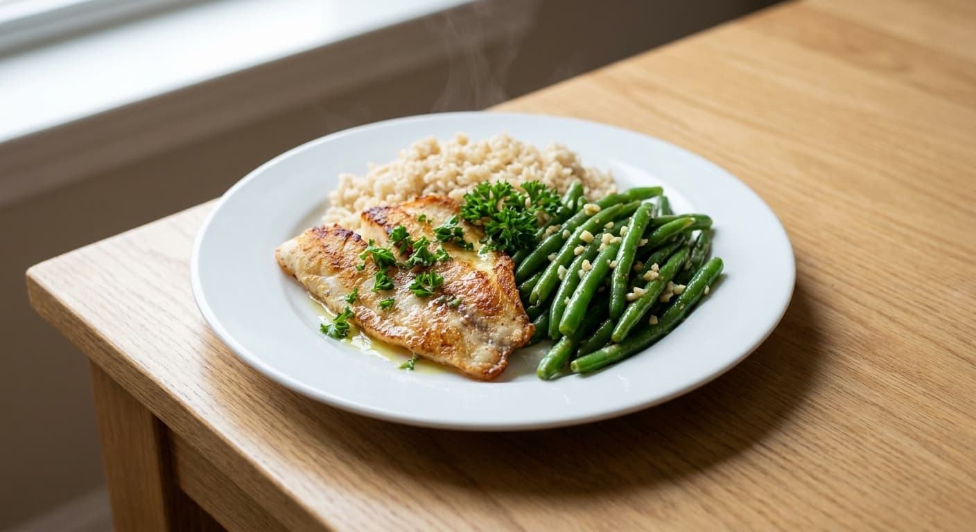 Garlic Basa with Green Beans and Brown Rice