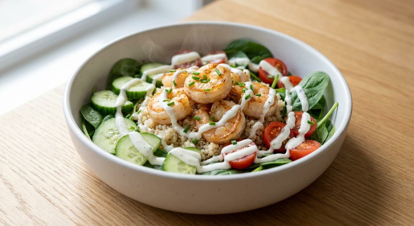 Garlic Prawn Quinoa Bowl with Yogurt Sauce