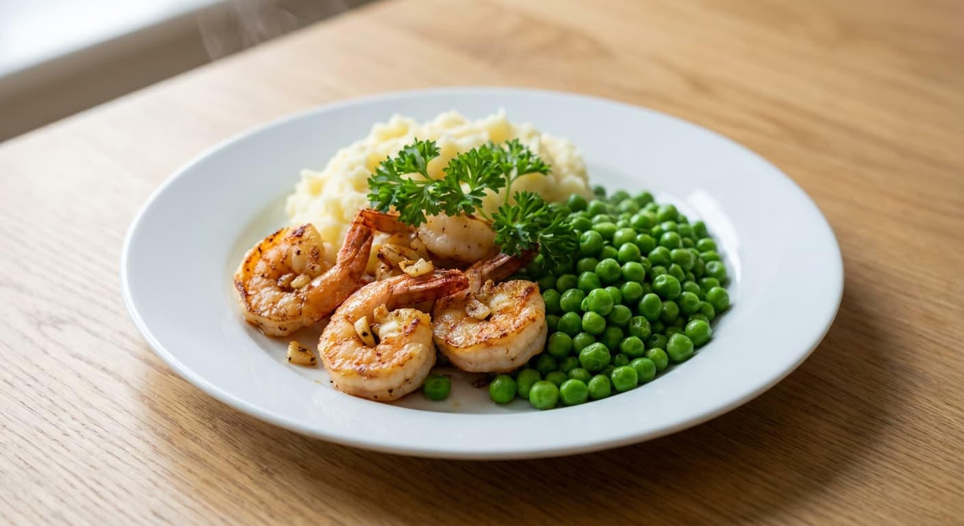 Garlic Prawn with Mashed Potatoes and Peas