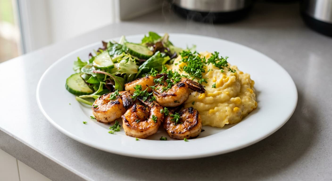 Garlic Prawns with Sweetcorn Mashed Potatoes and Green Salad