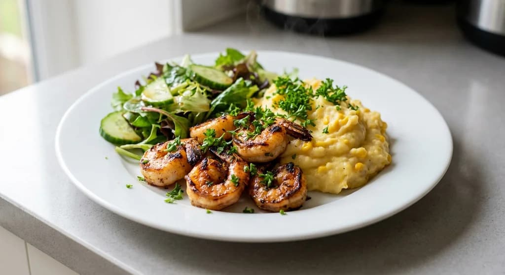 Garlic Prawns with Sweetcorn Mashed Potatoes and Green Salad
