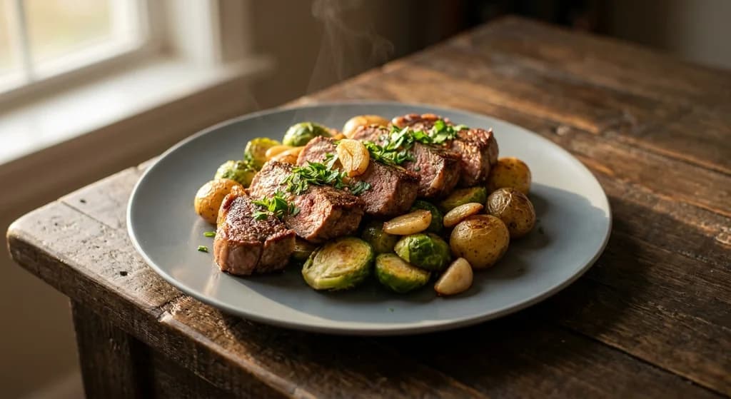 Garlic Steak with Roasted Brussels Sprouts