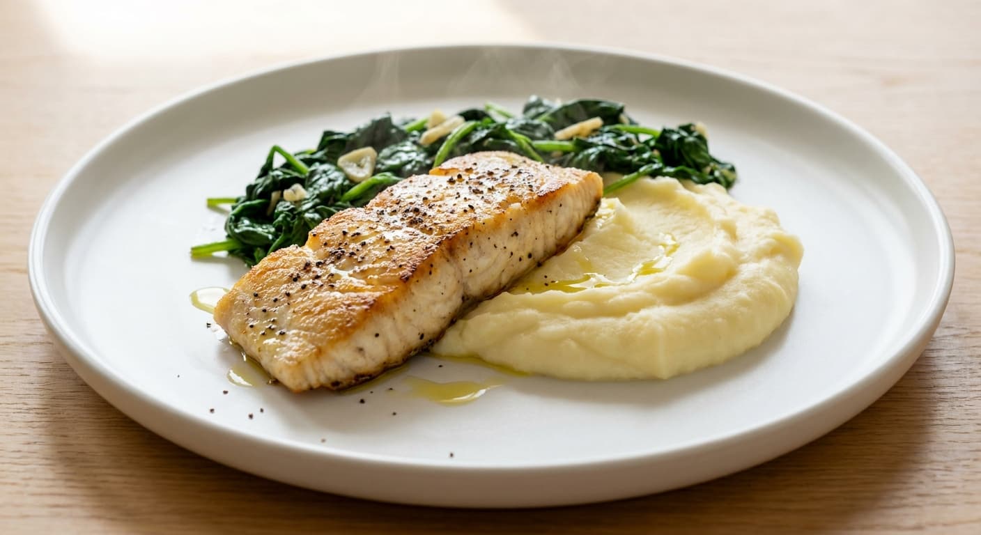 Grilled Barramundi with Mashed Potatoes and Spinach