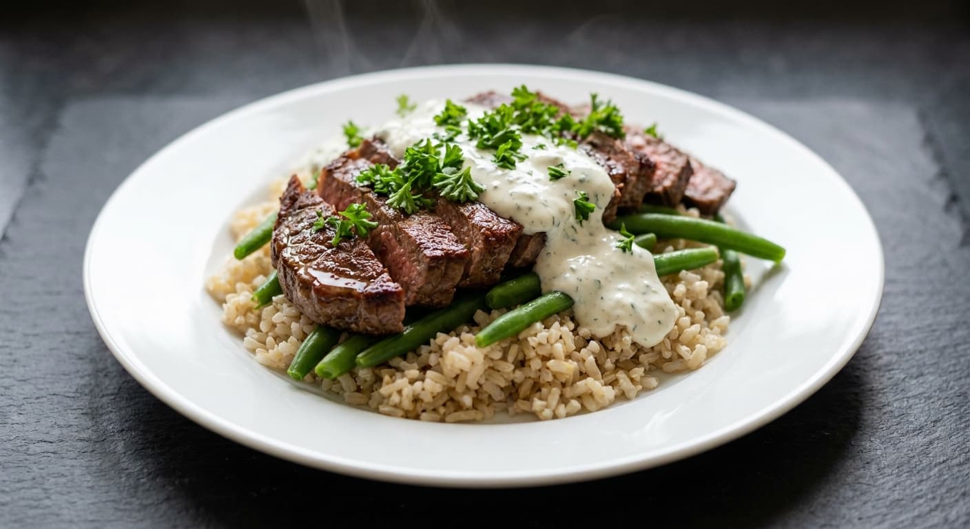 Grilled Beef Steak with Garlic Yogurt Sauce