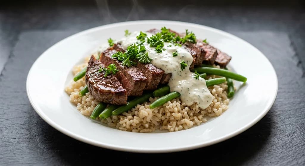 Grilled Beef Steak with Garlic Yogurt Sauce