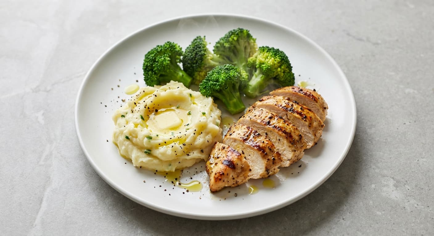 Grilled Chicken with Creamy Mashed Potatoes and Broccoli