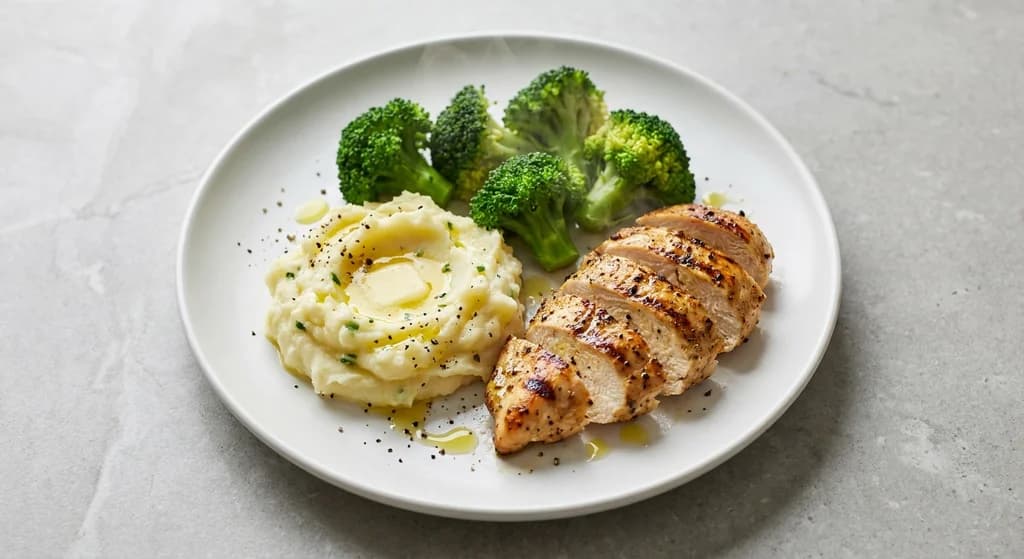 Grilled Chicken with Creamy Mashed Potatoes and Broccoli