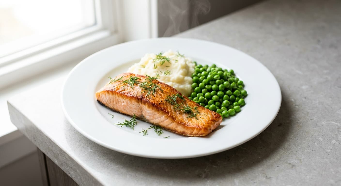 Grilled Salmon with Mashed Potatoes and Peas