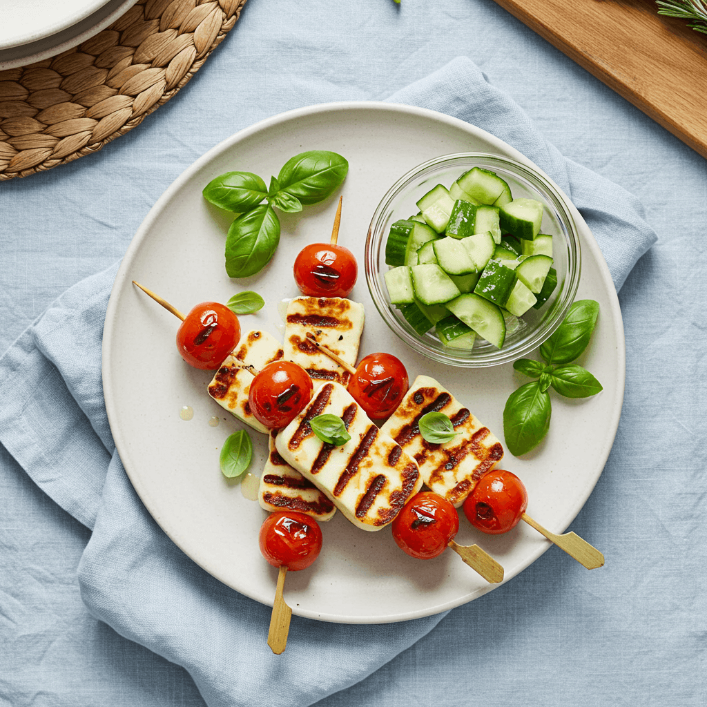 Haloumi & Tomato Skewers with Cucumber Salad