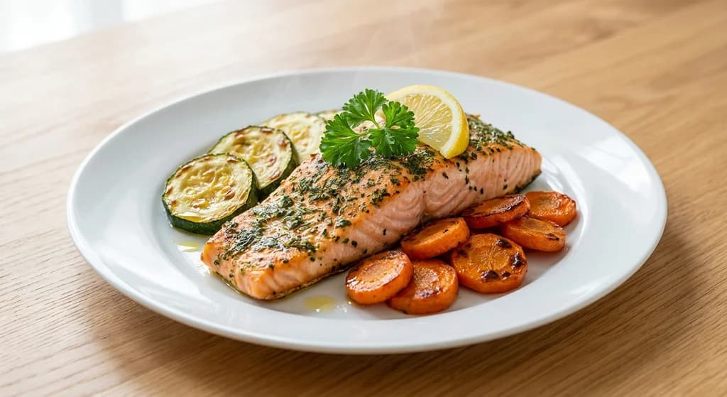 Herb Salmon with Roasted Zucchini and Carrot