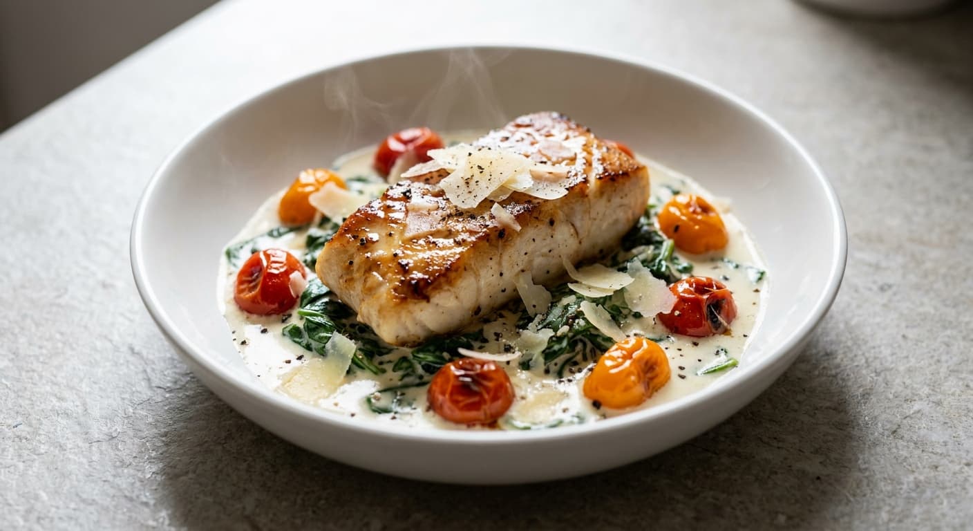 Hoki with Creamy Spinach and Cherry Tomatoes