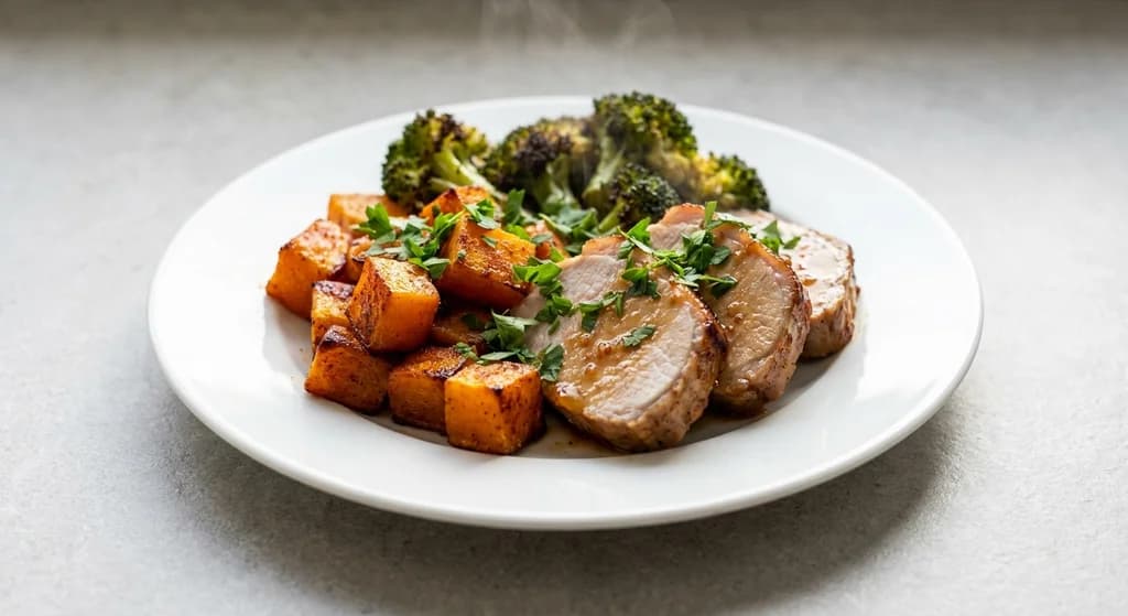 Honey Garlic Pork with Roasted Pumpkin & Broccoli