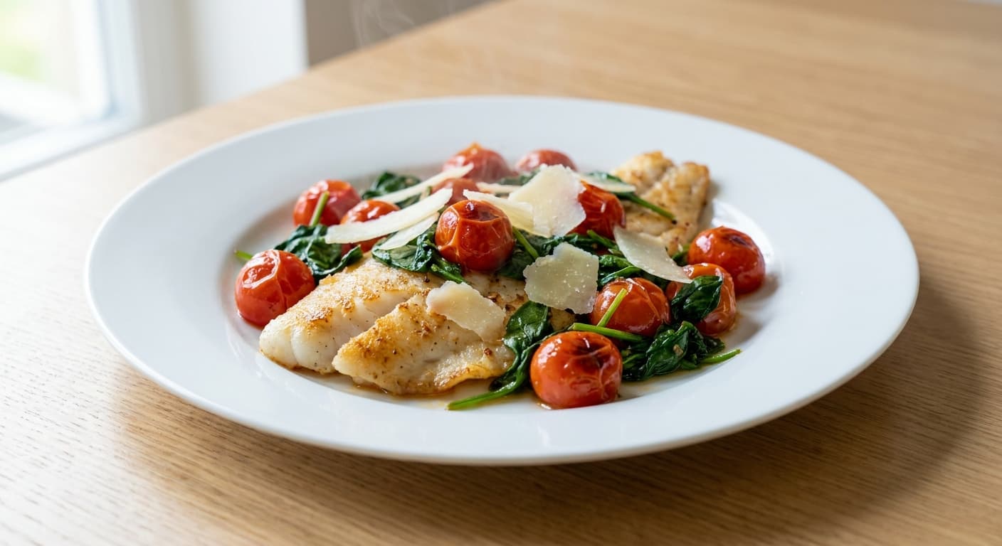 Italian Basa with Cherry Tomatoes and Spinach