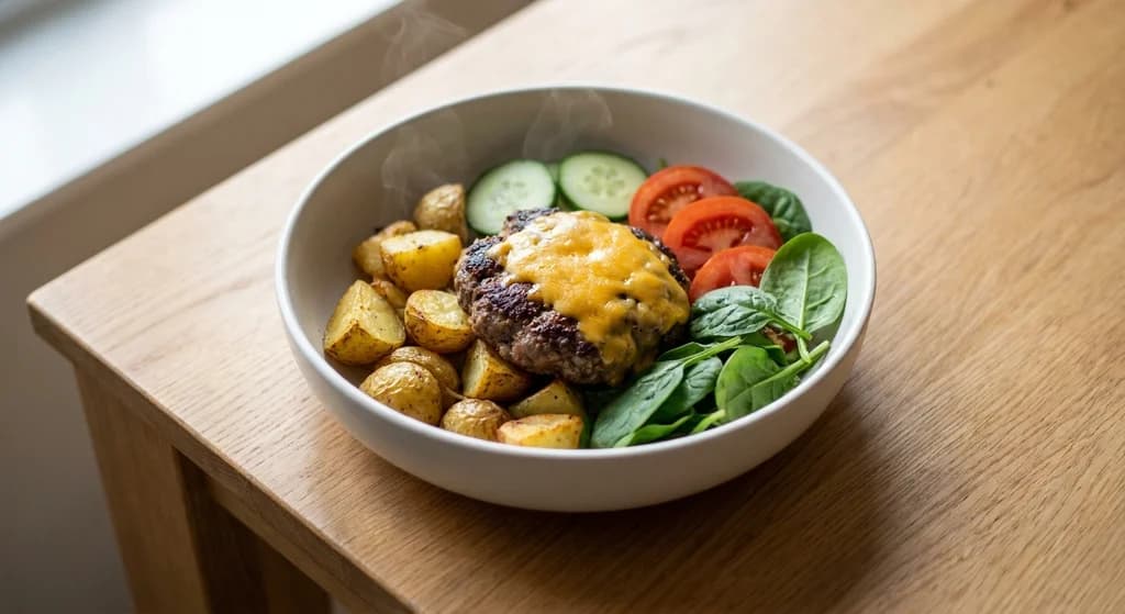 Lean Beef Burger Bowl with Roasted Potatoes