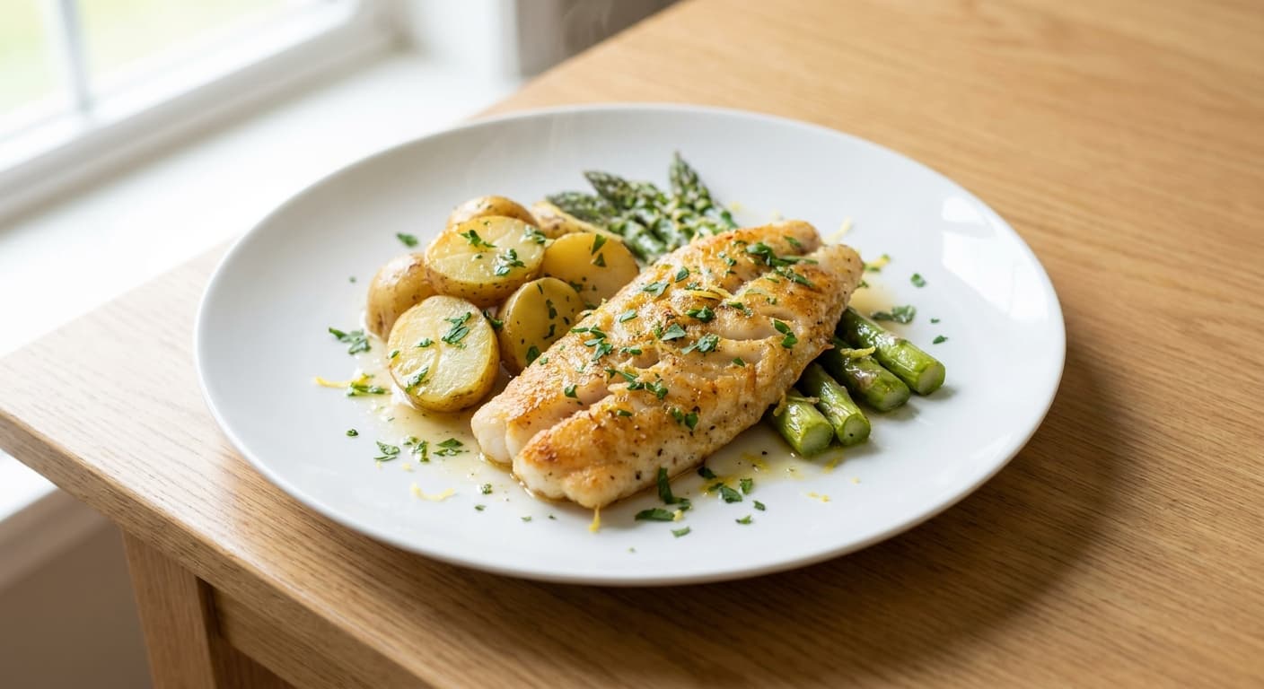 Lemon Basa with Baby Potatoes and Asparagus