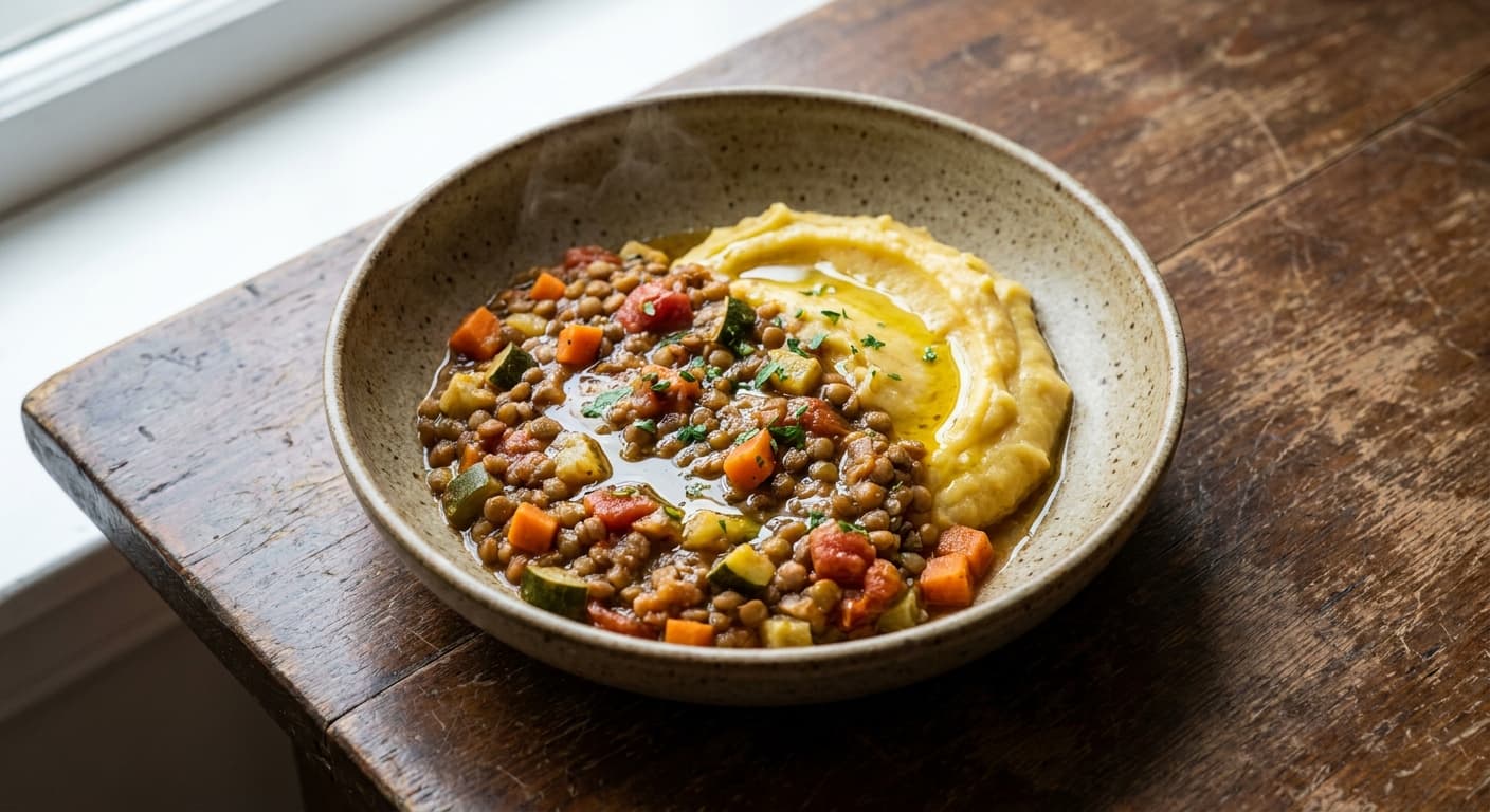 Lentil and Vegetable Stew with Creamy Mashed Potatoes