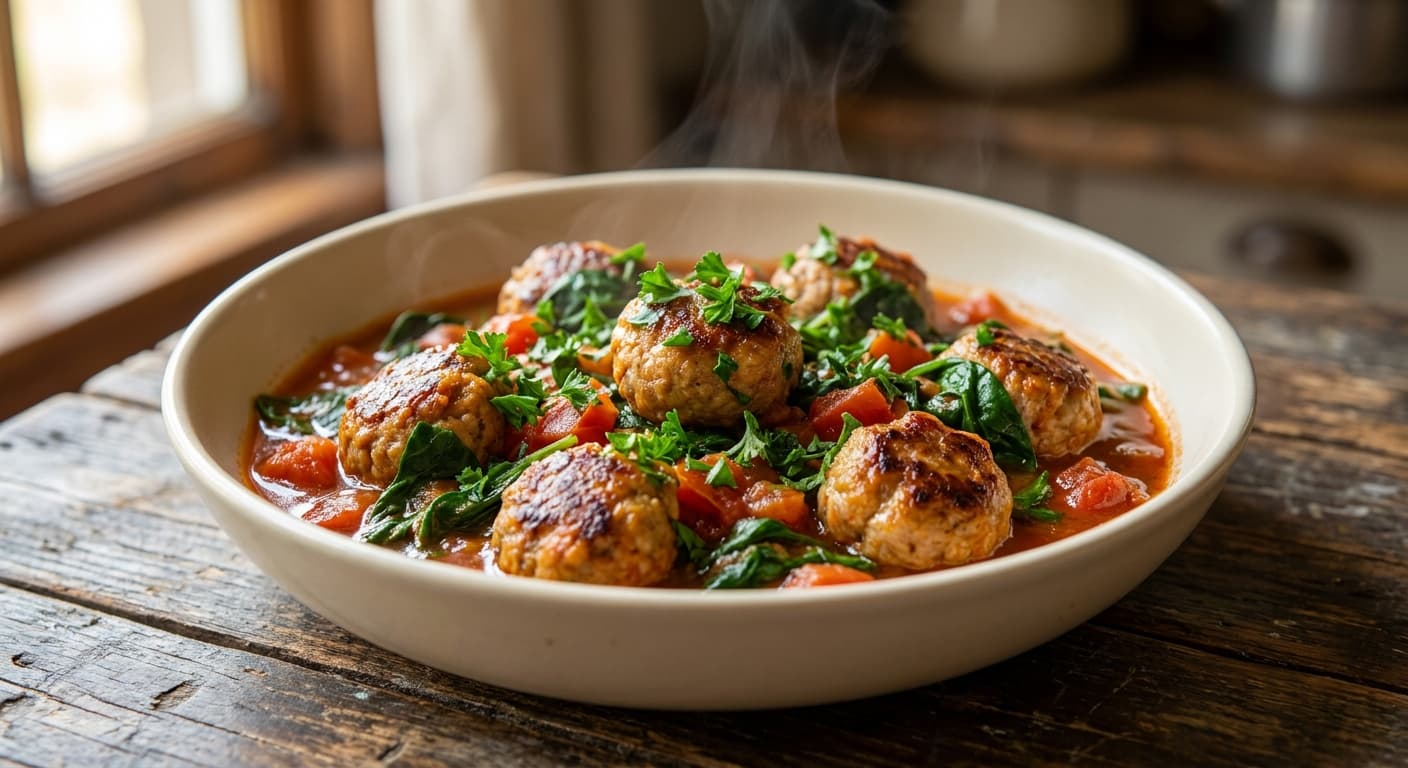 Mediterranean Lamb Meatballs with Tomato and Spinach