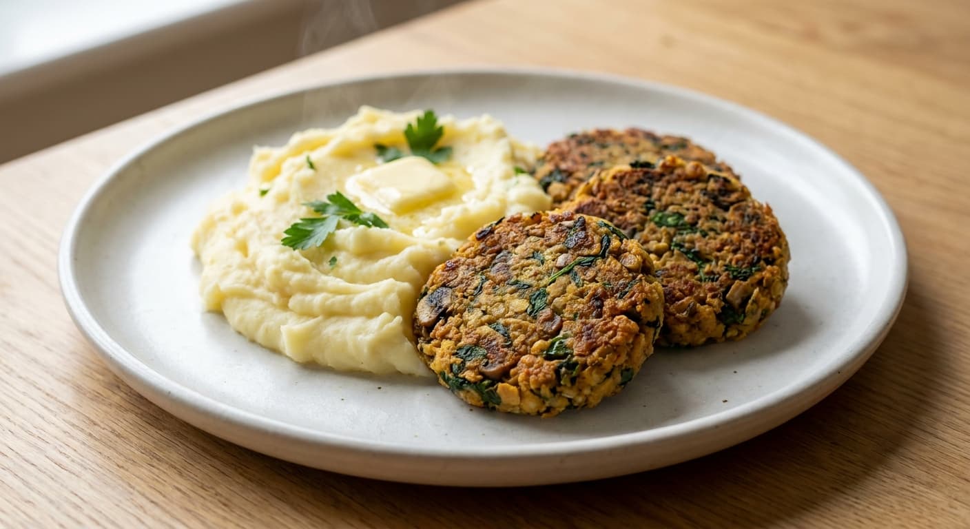 Mushroom and Spinach Lentil Patties with Mashed Potatoes