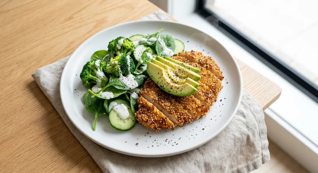 Quinoa-Crusted Chicken Schnitzel with Crunchy Salad