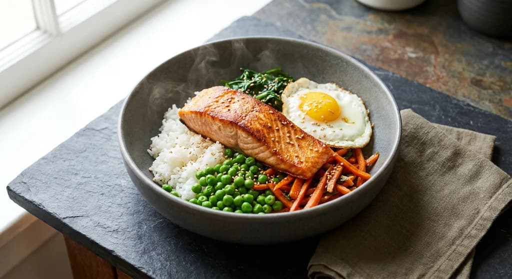 Salmon Bibimbap with Peas