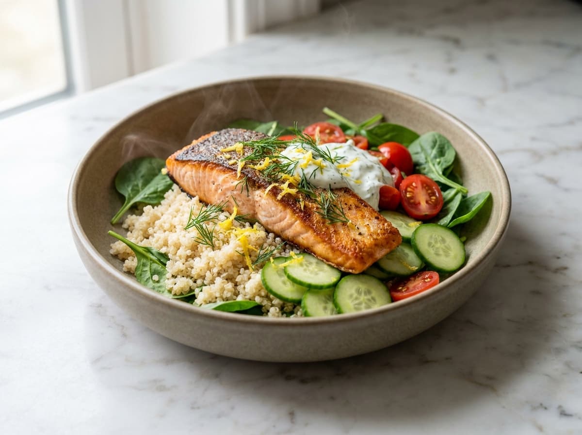 Salmon Bowl with Yogurt and Dill Sauce