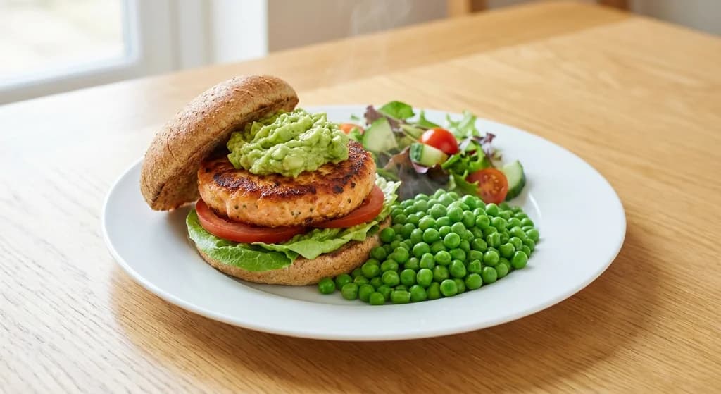 Salmon Burger with Peas & Salad